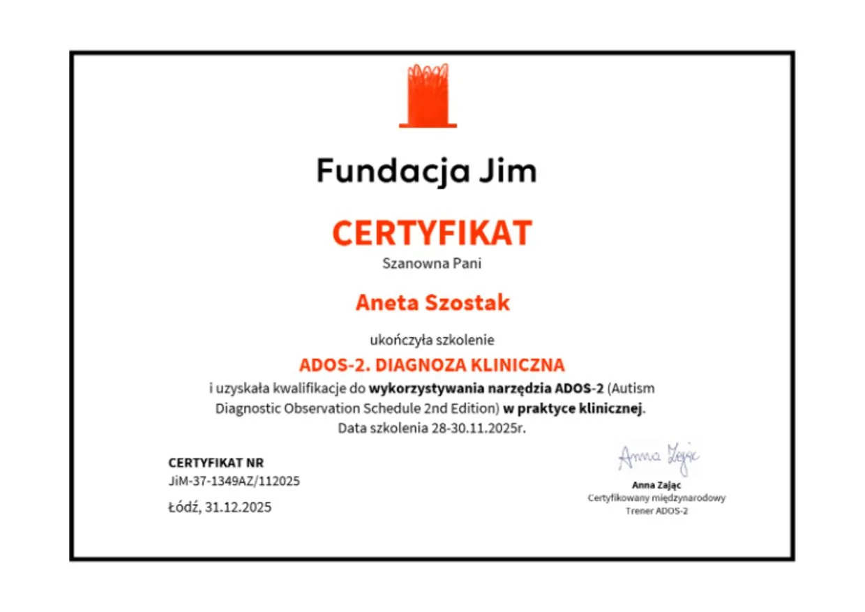 Certyfikat ADOS-2. Diagnoza kliniczna, Aneta Szostak, Fundacja JiM