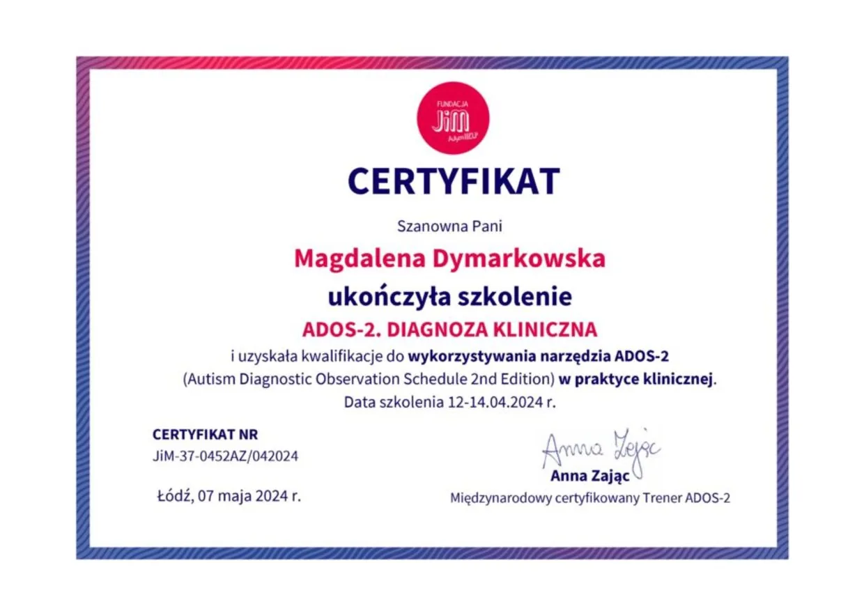 Certyfikat ADOS-2. Diagnoza kliniczna, Magdalena Dymarkowska, Fundacja JiM