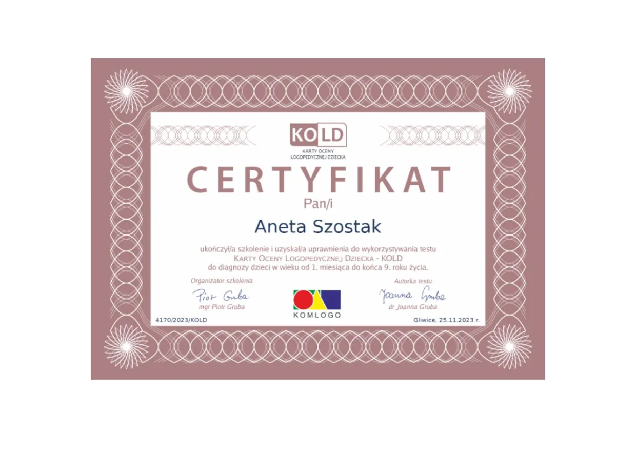 Certyfikat KOLD, Karty Oceny Logopedycznej Dziecka, Aneta Szostak