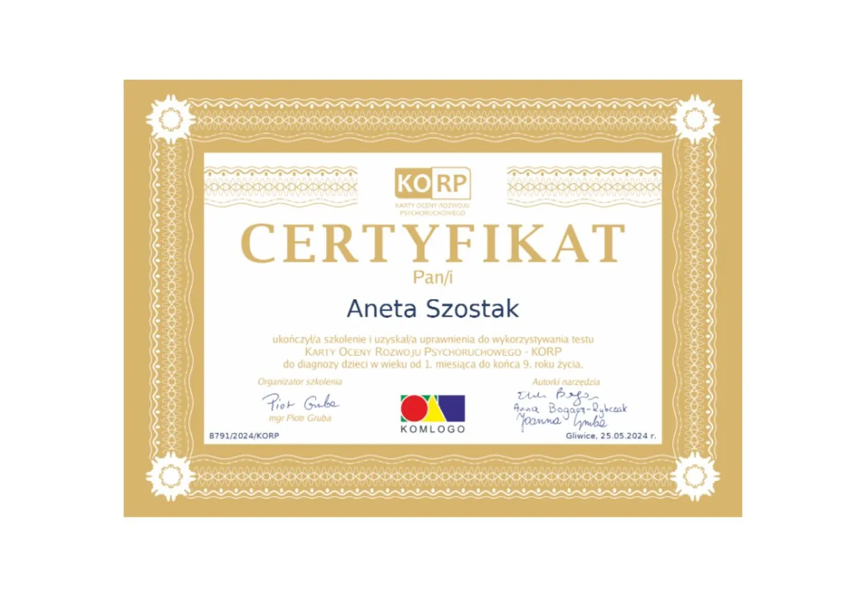 Certyfikat KORP, Karty Oceny Rozwoju Psychoruchowego, Aneta Szostak