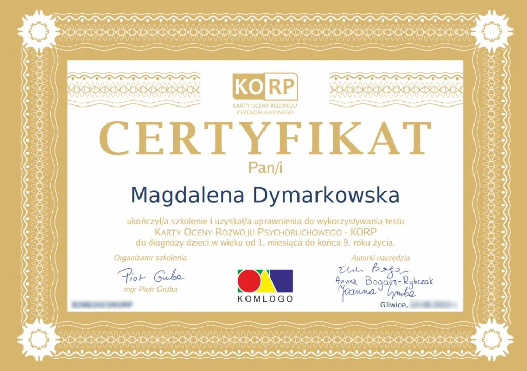 Certyfikat KORP, Karty Oceny Rozwoju Psychoruchowego, Magdalena Dymarkowska, KomLogo