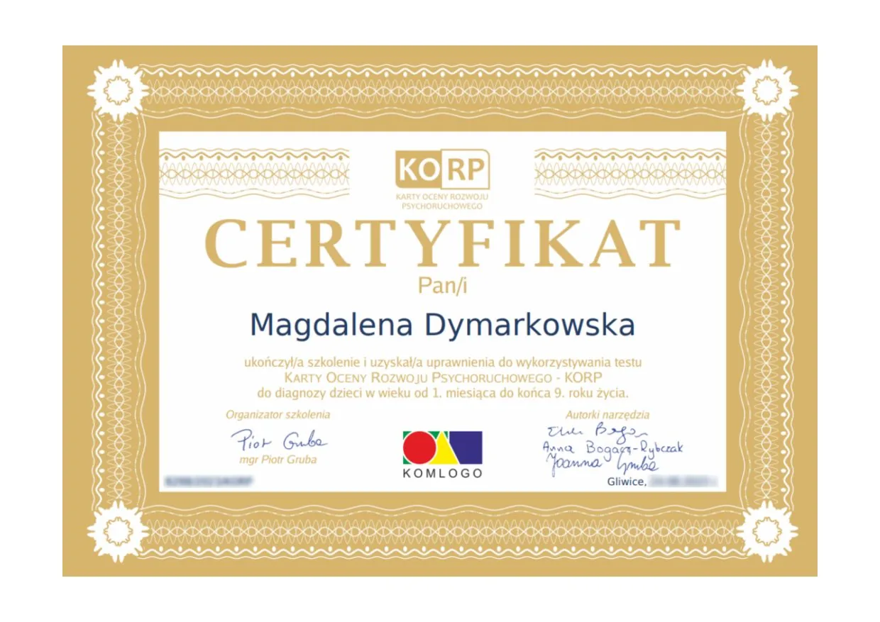 Certyfikat KORP, Karty Oceny Rozwoju Psychoruchowego, Magdalena Dymarkowska