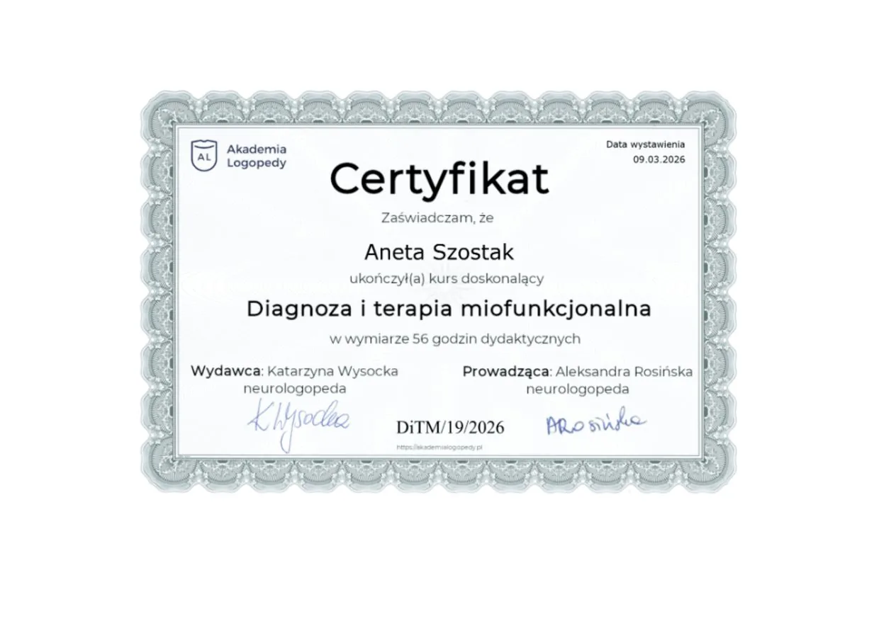 Certyfikat Diagnoza i terapia miofunkcjonalna, Aneta Szostak