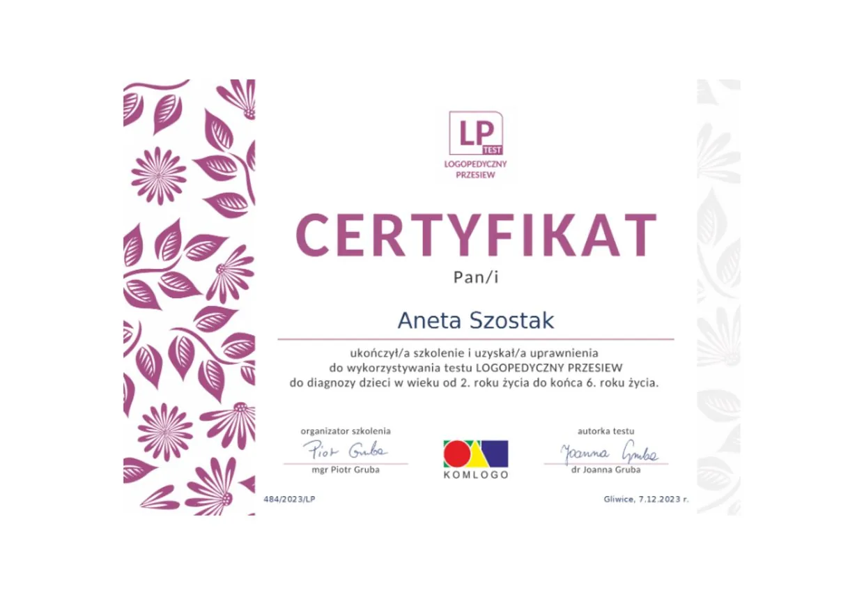 Certyfikat Logopedyczny Przesiew, Aneta Szostak
