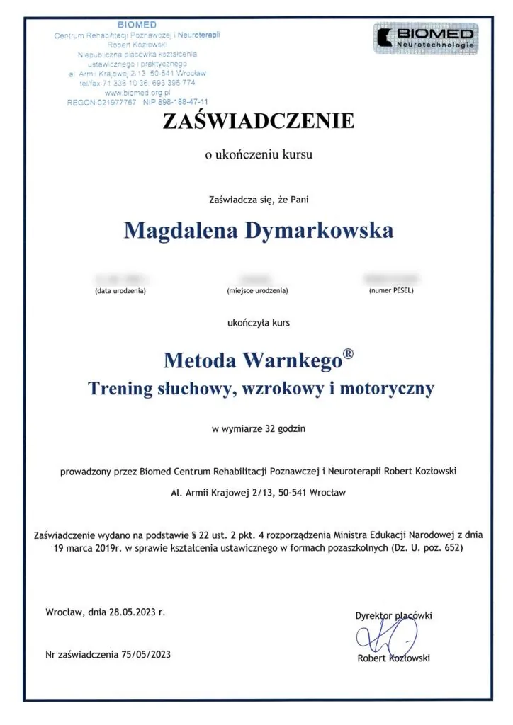 Zaświadczenie Metoda Warnkego®, trening słuchowy, wzrokowy i motoryczny, Magdalena Dymarkowska, Biomed
